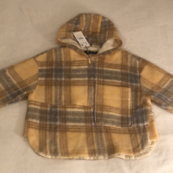 NWT wool-blend, half-zip, boxy hoodie plaid pullover with chest pocket from Zara - Picture 6 of 14
